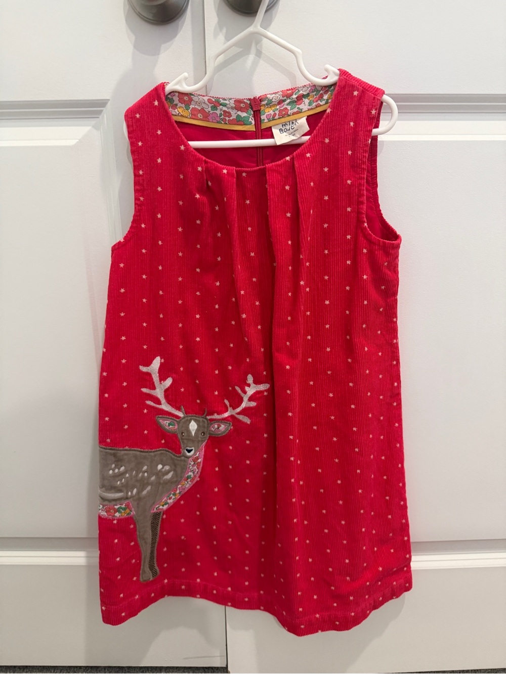Mini Boden Corduroy Polka Dot Reindeer Jumper Dress Floral 7-8 Years Embroidered